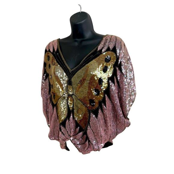 Swee Lo Top Woman’s L Pink‎ Butterfly Coachella Silk Festival Boho Retro Vintage - Picture 3 of 16